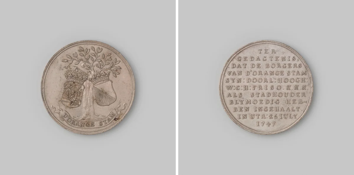 Voor de diensten door de burgers van het vendel d'Orange stam, gedurende het verblijf van Prins Willem IV te Utrecht bewezen by anonymous, metalwork, 1747