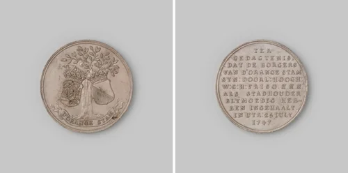 Voor de diensten door de burgers van het vendel d'Orange stam, gedurende het verblijf van Prins Willem IV te Utrecht bewezen by anonymous, metalwork, 1747
