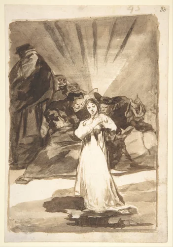 A radiant female figure beset by dark spirits; page 45 from the "Images of Spain" Album (F) by Goya, drawing, 1807-1825