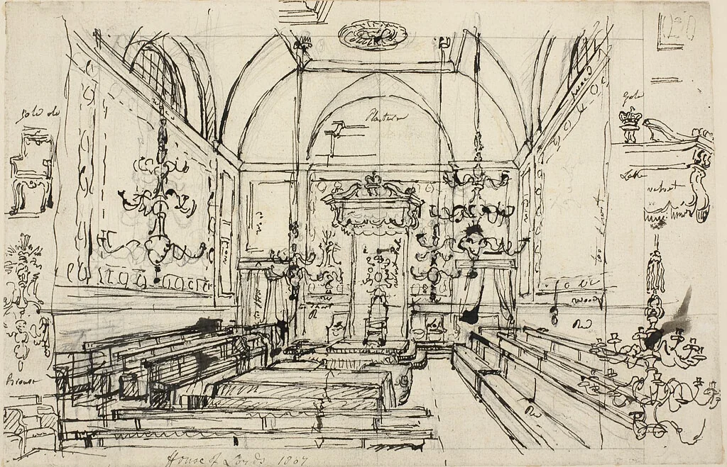 Study for the House of Lords by Augustus Charles Pugin, drawing, 1807