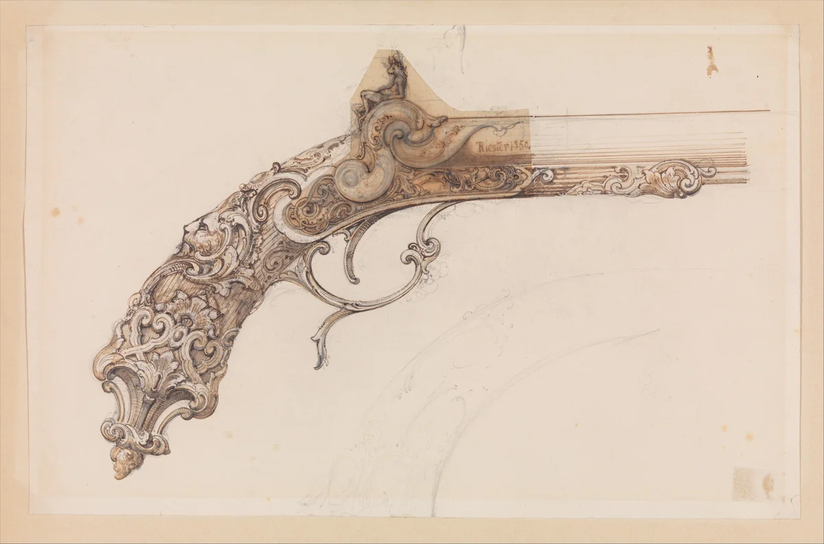 Design for a Percussion Pistol by Martin Riester, drawing, 1850