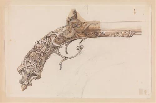 Design for a Percussion Pistol by Martin Riester, drawing, 1850