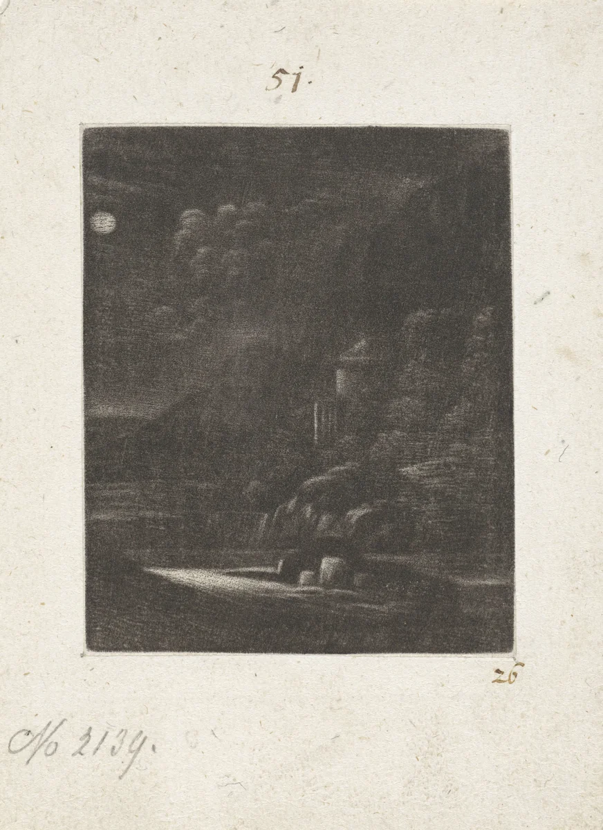 Landschap bij nacht met volle maan by Wallerant Vaillant, print, 1658-1677