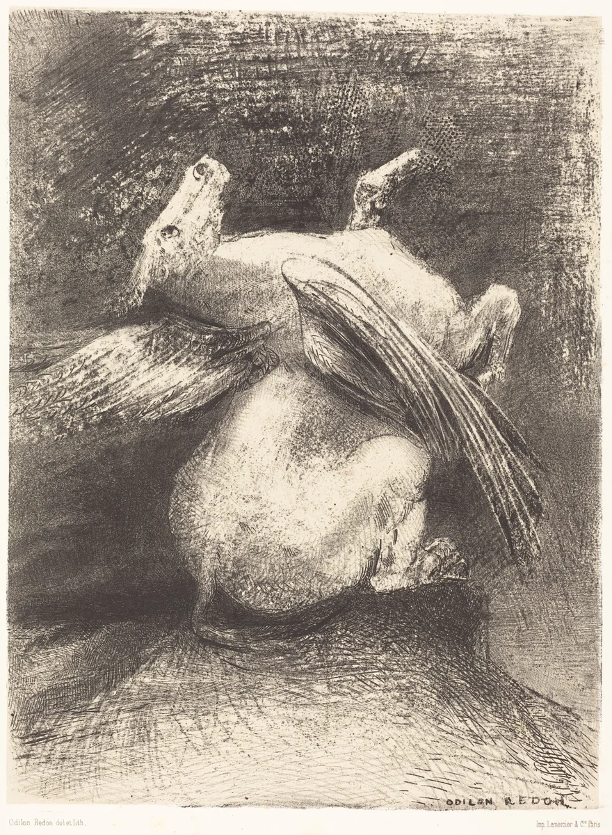 L'Aile impuissante n'eleva point la bete en ces noirs espaces (The impotent wing did not lift the animal into that black space by Odilon Redon, print, 1883
