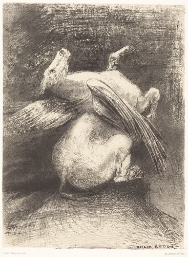 L'Aile impuissante n'eleva point la bete en ces noirs espaces (The impotent wing did not lift the animal into that black space by Odilon Redon, print, 1883