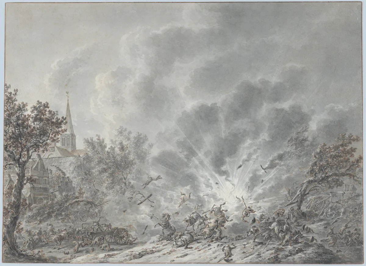 An Explosion near a Village by Dirk Langendijk, drawing, 1805