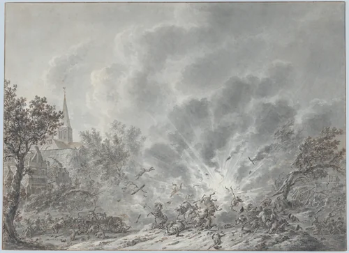 An Explosion near a Village by Dirk Langendijk, drawing, 1805