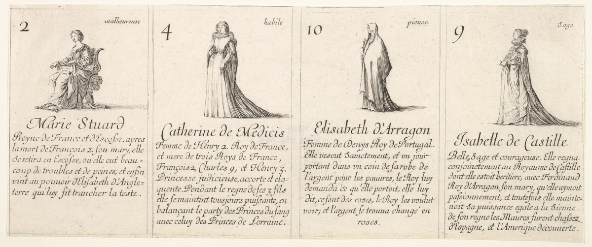 Marie Stuard, Catherine de Medicis, Elisabeth d' Arragon, and Isabelle de Castille, from "The Game of Queens" (Le Jeu des Reines Renommées) by Stefano della Bella, print, 1644