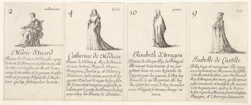 Marie Stuard, Catherine de Medicis, Elisabeth d' Arragon, and Isabelle de Castille, from "The Game of Queens" (Le Jeu des Reines Renommées) by Stefano della Bella, print, 1644
