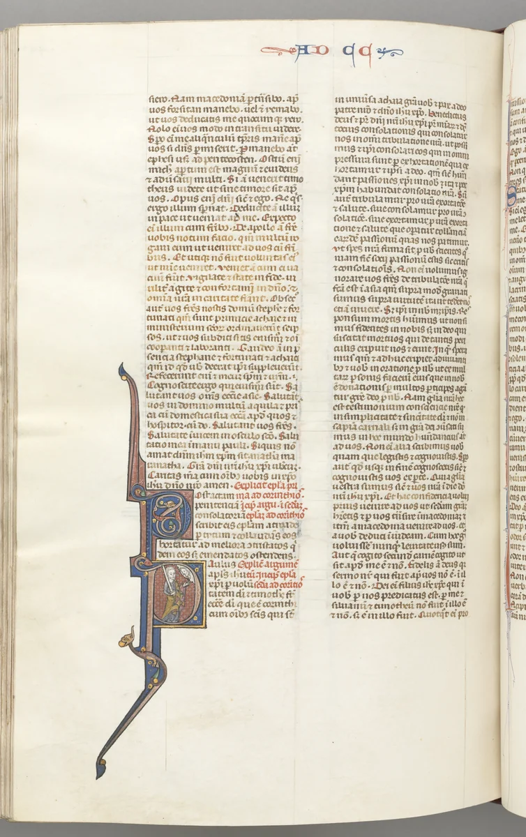 Fol. 445v, Corinthians II, historiated initial P, Paul standing with a sword, talking to the bust of God above by Unknown, book, 1270-1300