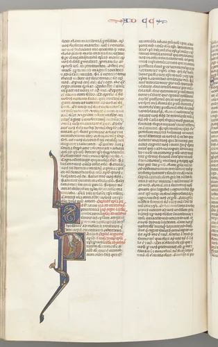 Fol. 445v, Corinthians II, historiated initial P, Paul standing with a sword, talking to the bust of God above by Unknown, book, 1270-1300