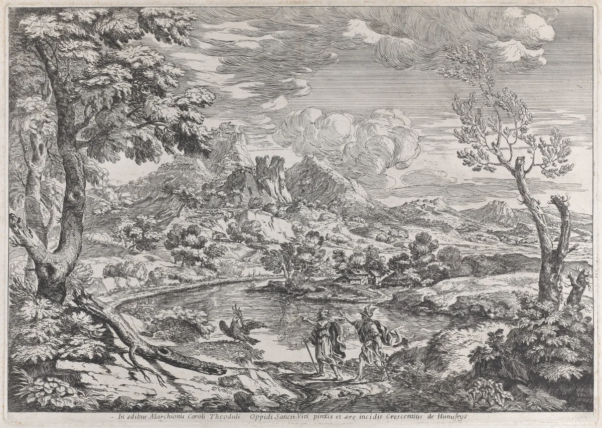 Landscape with a man showing Mercury the eagle of Jupiter by Crescenzio Onofri, print, 1690-1704