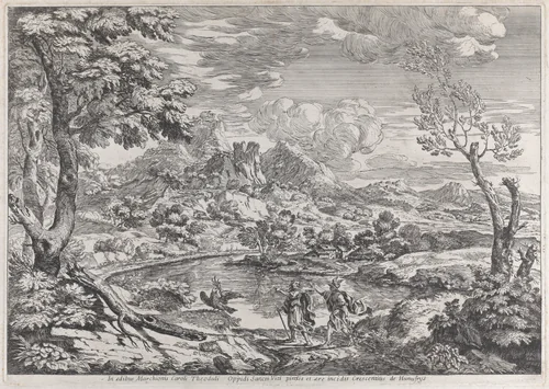 Landscape with a man showing Mercury the eagle of Jupiter by Crescenzio Onofri, print, 1690-1704