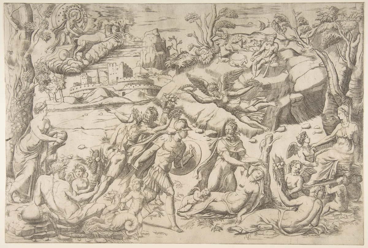 Mars and Rhea Silvia: in the centre Mars holds a shield and sword, Rhea Silvia sleeping, Apollo in his chariot upper left by Giulio Bonasone, print, 1531-1576