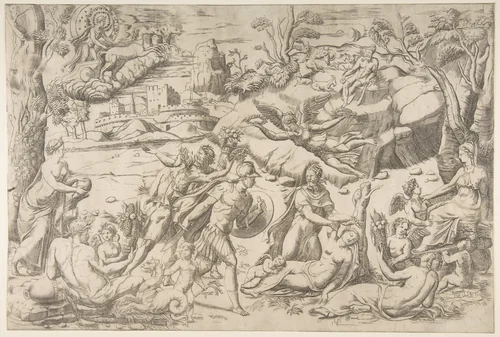 Mars and Rhea Silvia: in the centre Mars holds a shield and sword, Rhea Silvia sleeping, Apollo in his chariot upper left by Giulio Bonasone, print, 1531-1576