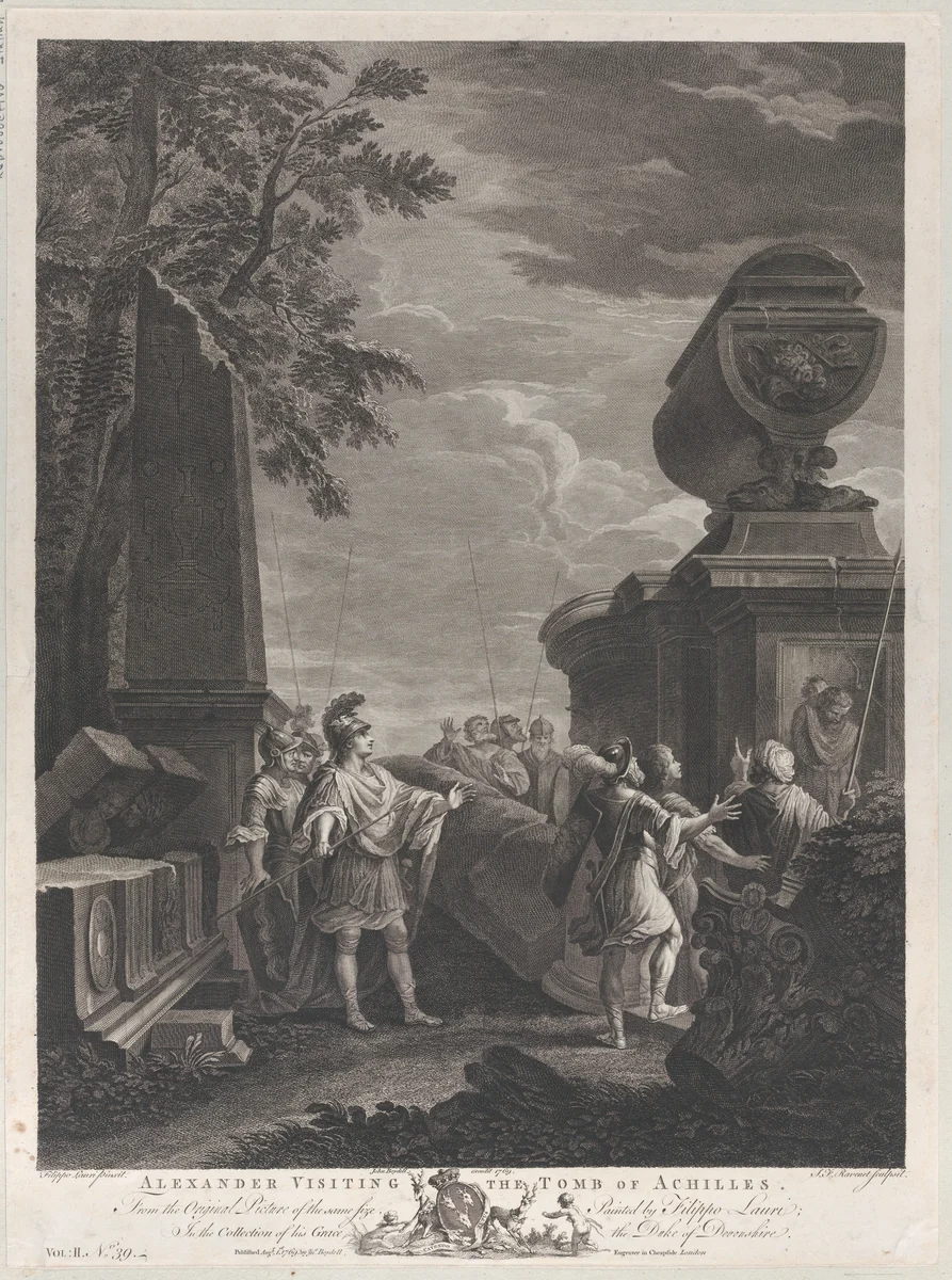 Alexander visiting the tomb of Achilles by Simon Ravenet, print, 1769