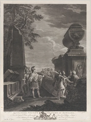 Alexander visiting the tomb of Achilles by Simon Ravenet, print, 1769