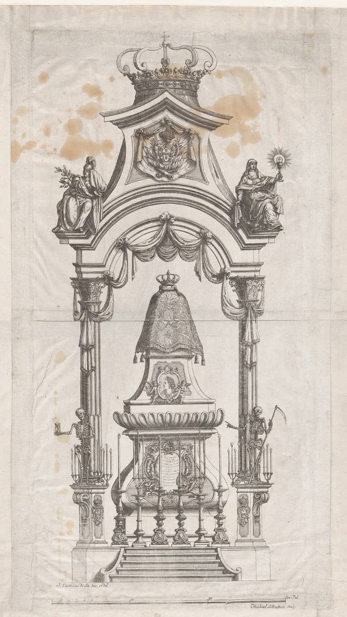 Royal Portugese Funeral Monument (possibly part of a funeral book) by Michel Bouteux, print, 1668-1715