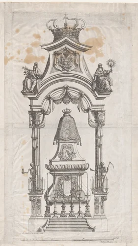 Royal Portugese Funeral Monument (possibly part of a funeral book) by Michel Bouteux, print, 1668-1715