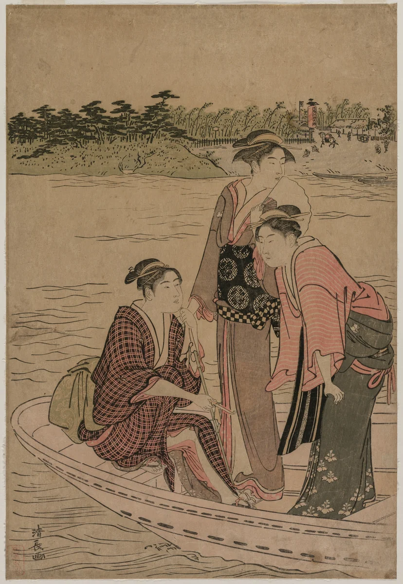 Passengers in a Ferry Boat on the Sumida River by Torii Kiyonaga (鳥居清長), print, 1784