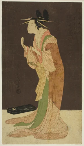 A Selection of Beauty from the Pleasure Quarters (Seiro bisen awase): Misayama of the Chojiya in Night Dress (Tokogi no zu - Chojiya Misayama) by Chobunsai Eishi, print, 1791-1801