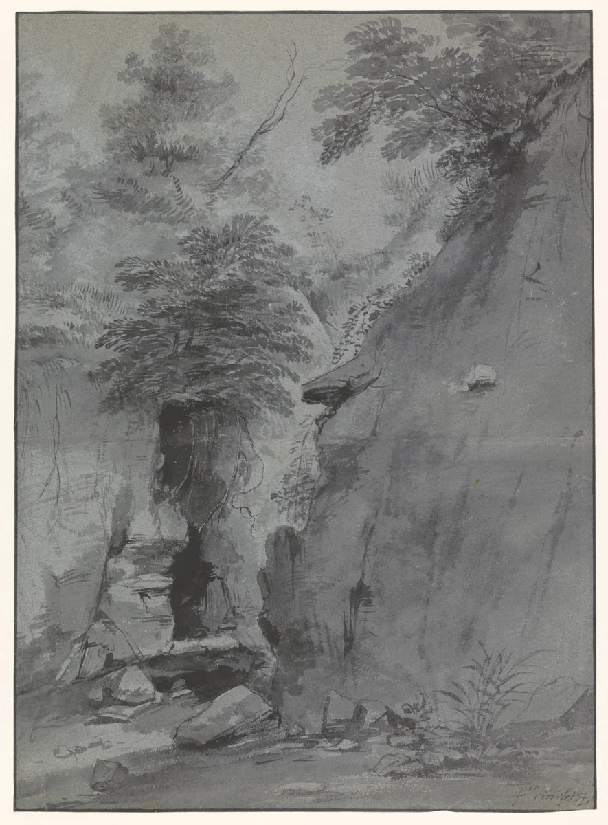 Kloof tussen rotswanden by Jean-François Millet, drawing, 1676-1723