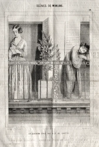 Scènes de moeurs: Un quatrieme étage rue N. D. de Lorette. Je crois qu'elle lit ma lettre...à moins que c'en soit une autre. Elle en avait neuf chez le portier by Charles-Joseph Traviès, print, 1830-1845