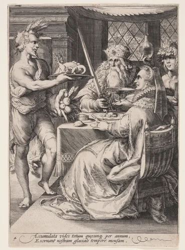 Winter (Banquet with Bacchus Waiting on an Elderly Couple), from The Four Seasons by Jan Saenredam, print, 1595