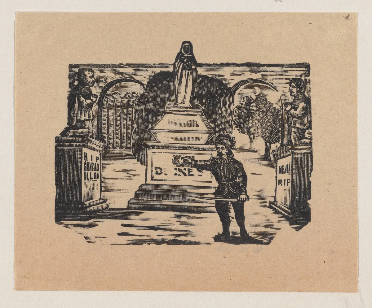 A man standing in front of three monuments by José Guadalupe Posada, print, 1890-1910