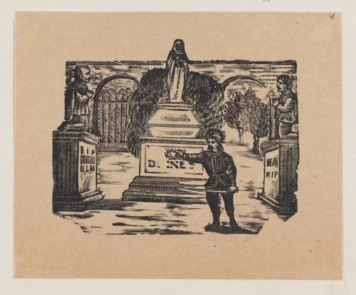 A man standing in front of three monuments by José Guadalupe Posada, print, 1890-1910