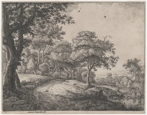 Man and Woman Crossing a Stream by Anthonie Waterloo, print, 1620-1690