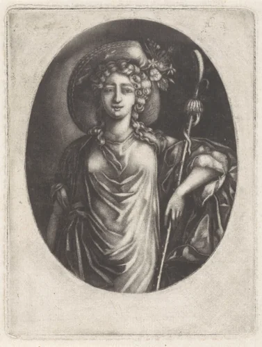 Herderin met herdersstaf en hoed met bloemen by anonymous, print, 1650-1800