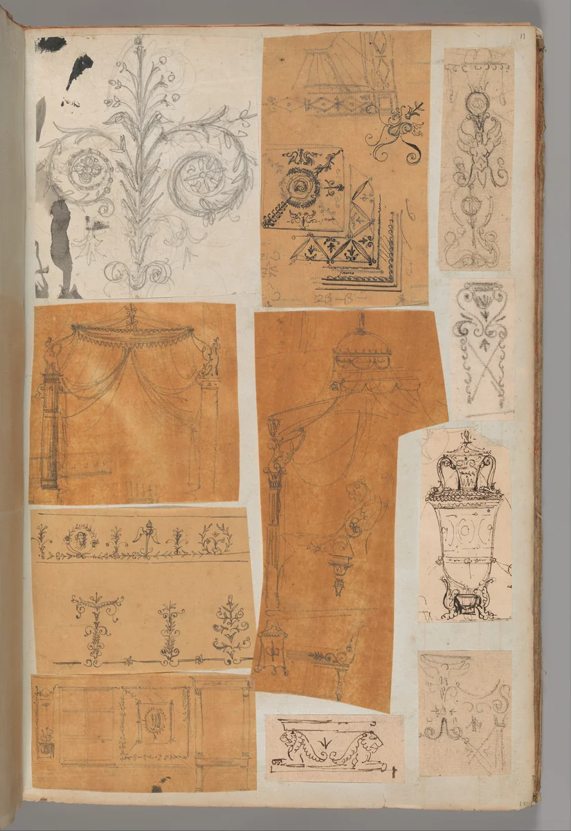 Page from a Scrapbook containing Drawings and Several Prints of Architecture, Interiors, Furniture and Other Objects by Charles Percier, book, 1795-1805