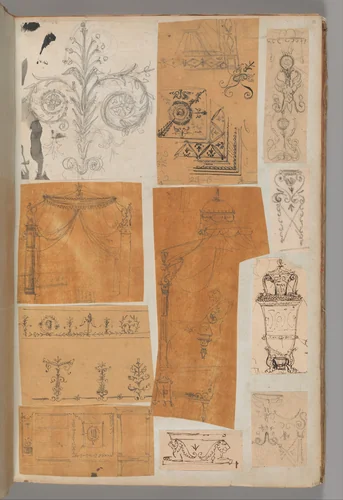 Page from a Scrapbook containing Drawings and Several Prints of Architecture, Interiors, Furniture and Other Objects by Charles Percier, book, 1795-1805