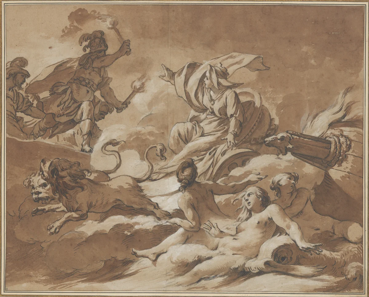Cybele Prevents Turnus from Setting Fire to the Trojan Fleet by Transforming the Ships into Sea Goddesses by Jean-Baptiste-Marie Pierre, drawing, 1725-1789