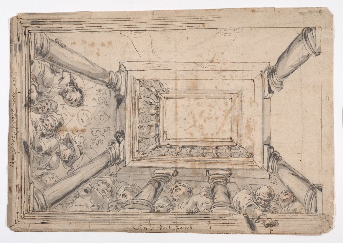 A Design for a Ceiling Decoration with Figures Looking down from a Pillared Gallery (recto); Figure Sketches (verso) by Leonaert Bramer, drawing, 1628-1674