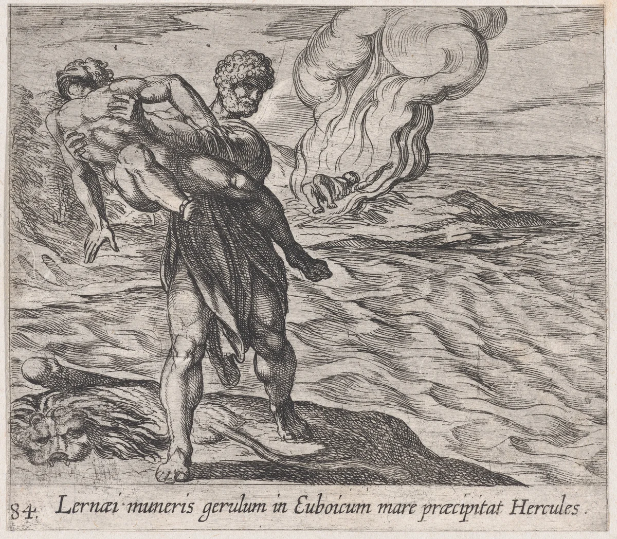 Plate 84: Hercules Throwing Lichas into the Sea (Lernaei muneris gerulum in Euboicum mare praecipitat Hercules), from Ovid's 'Metamorphoses' by Antonio Tempesta, print, 1606