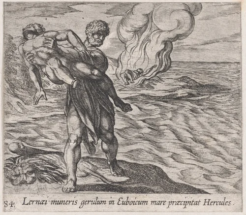 Plate 84: Hercules Throwing Lichas into the Sea (Lernaei muneris gerulum in Euboicum mare praecipitat Hercules), from Ovid's 'Metamorphoses' by Antonio Tempesta, print, 1606