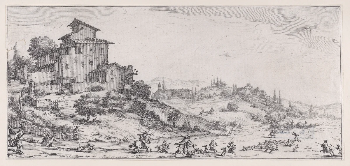 Le Chasse au Cerf (The Stag Hunt), from "Paysages Gravés pour Jean de Médicis appelées aussi Paysages Dessinés a Florence, Vues de Florence, Paysages d'Italie, et Paysages Définitifs" (Landscapes Engraved for Giovanni de'Medici, Landscapes Designed in Florence, Views of Florence, Landscapes of Italy, and Definitive Landscapes) by Jacques Callot, print, 1613-1623