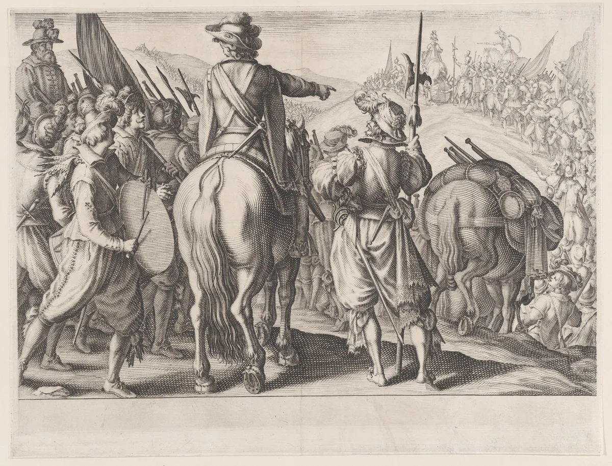 Les Troupes en Marche (The Marching Troops), from La Vie de Ferdinand Ier de Médicis série appelée aussi Les Batailles des Médicis (The Life of Ferdinand I de'Medici also called The Medici Battles) by Jacques Callot, print, 1614-1620
