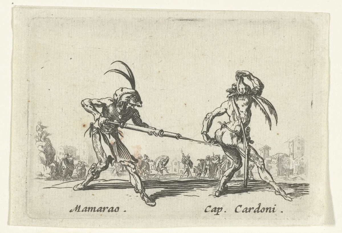 Twee straatartiesten als Maramao en Capitano Cardoni by anonymous, print, 1622-1670