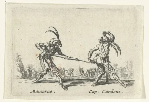Twee straatartiesten als Maramao en Capitano Cardoni by anonymous, print, 1622-1670