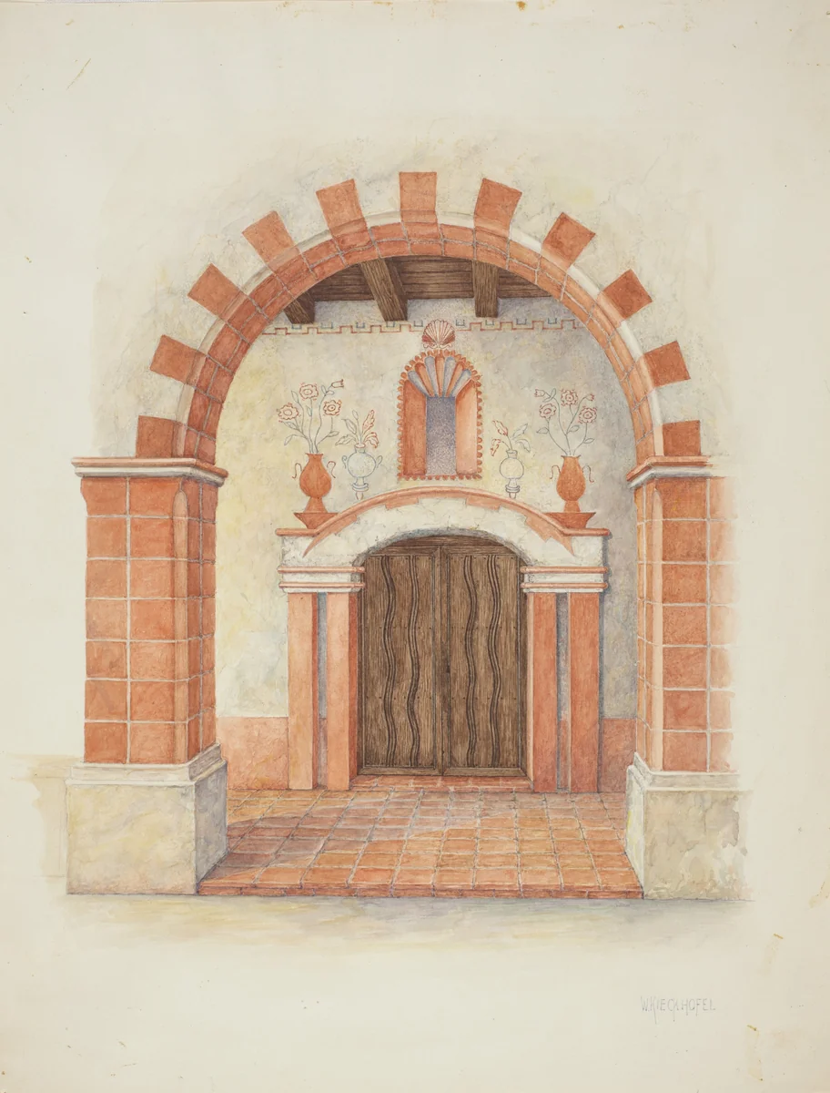 Restoration Drawing: Main Doorway & Arch to Mission House by William Kieckhofel, index of american design, 1939
