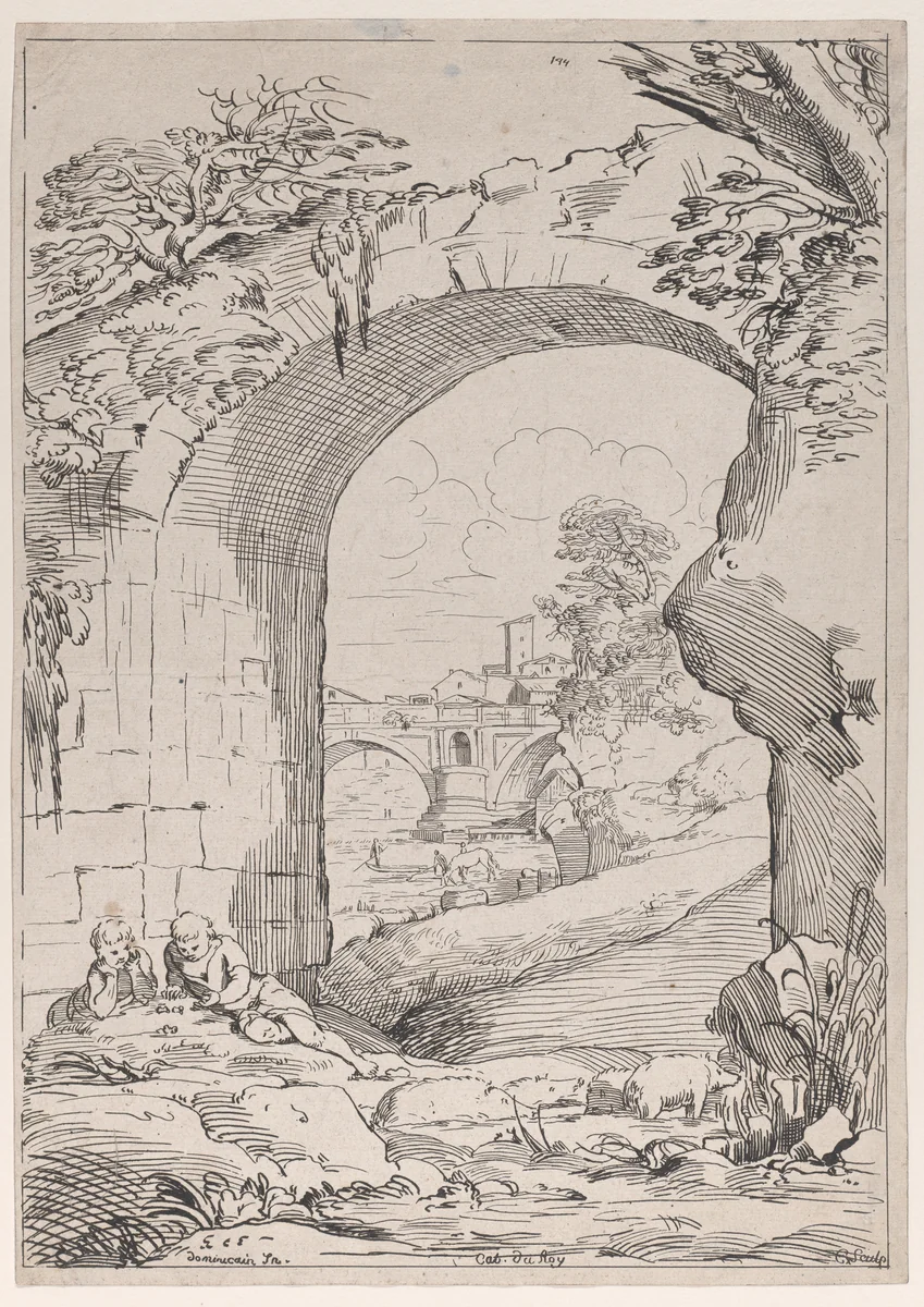 Landscape with Bridge by Anne Claude Philippe de Tubières, print, 1720-1765