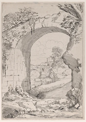 Landscape with Bridge by Anne Claude Philippe de Tubières, print, 1720-1765