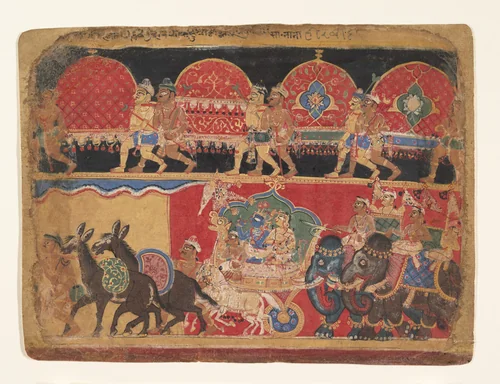Krishna and the Kshatriya Maidens Proceed to Dvaraka: page from a Bhagavata Purana series by Sa Nana, painting, 1510-1540