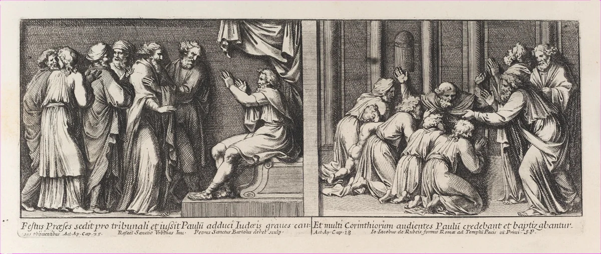 Two Biblical Scenes: Festus judging Saint Paul at left and Saint Paul Baptizing the Christians of Corinth at right, from a series of 15 plates depicting Raphael's works for the Vatican stanze and the Sistine Chapel tapestries by Pietro Santi Bartoli, print, 1650-1670