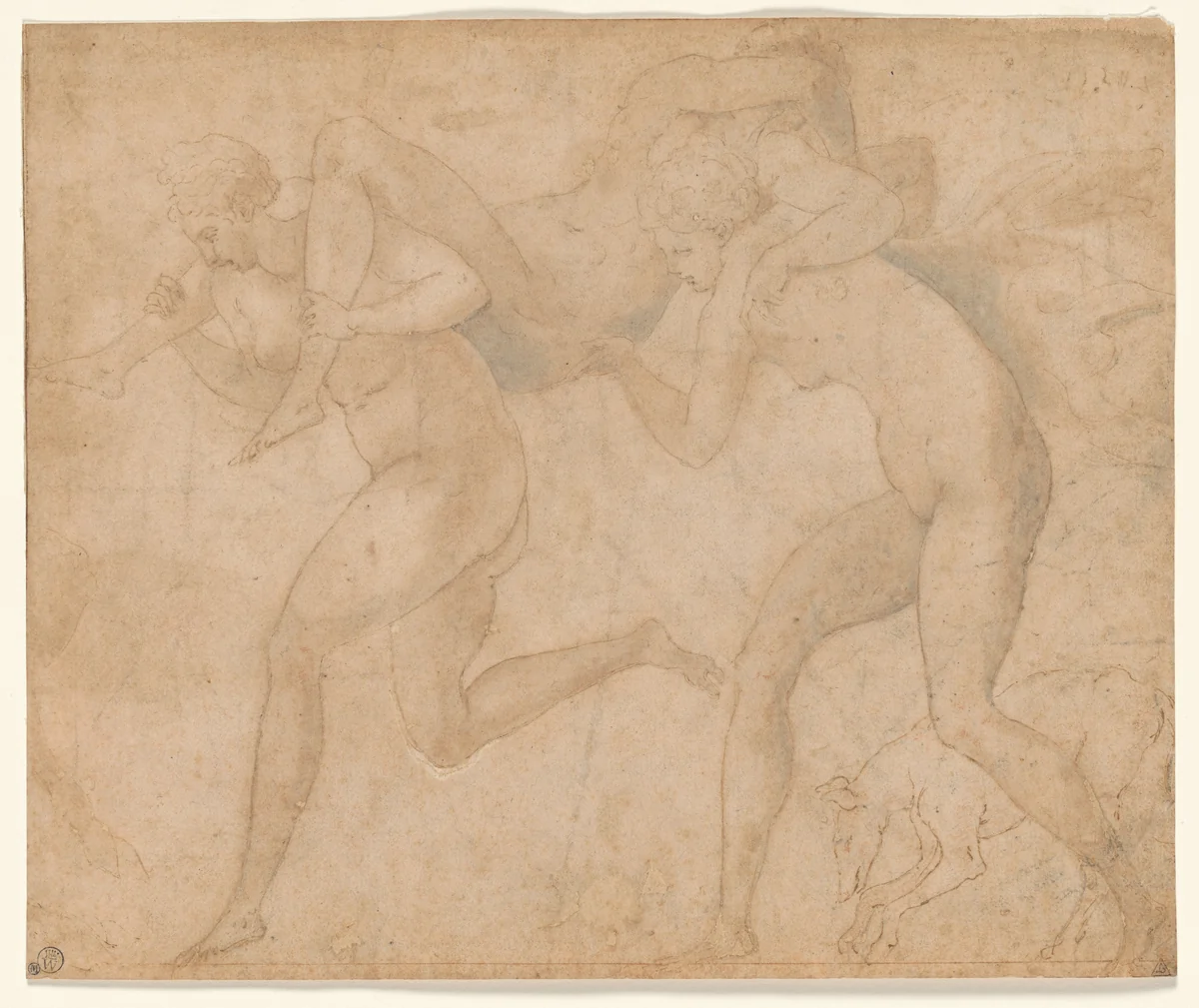 Two Nymphs Carrying a Third by Francesco Primaticcio, drawing, 1544-1550