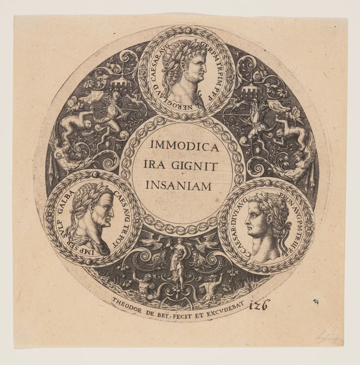 Immodica Ira Gignit Insaniam, Design for Interiors of Tazze by Johann Theodor de Bry, print, 1588