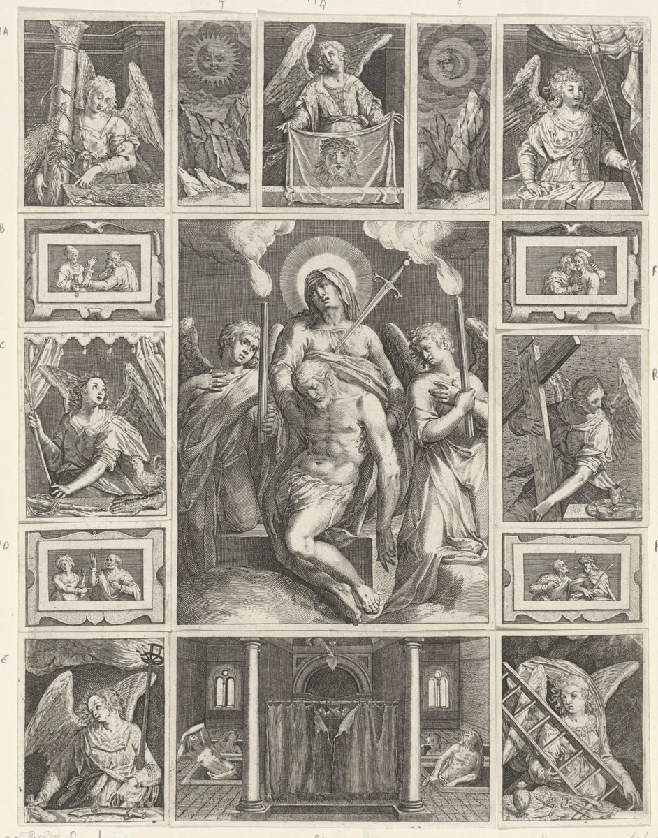Pietà, omringd door de passiewerktuigen by Johann Sadeler, print, 1580-1600